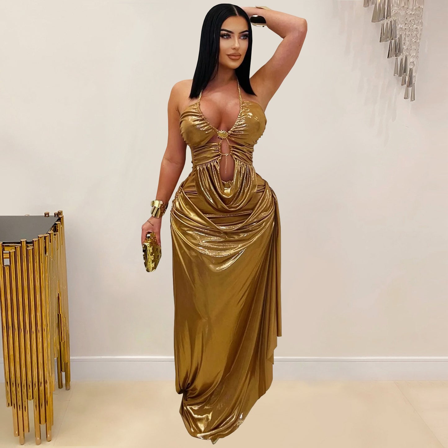 Women's Sexy Halter Neck Gold Chain Ruched Bodycon Dress