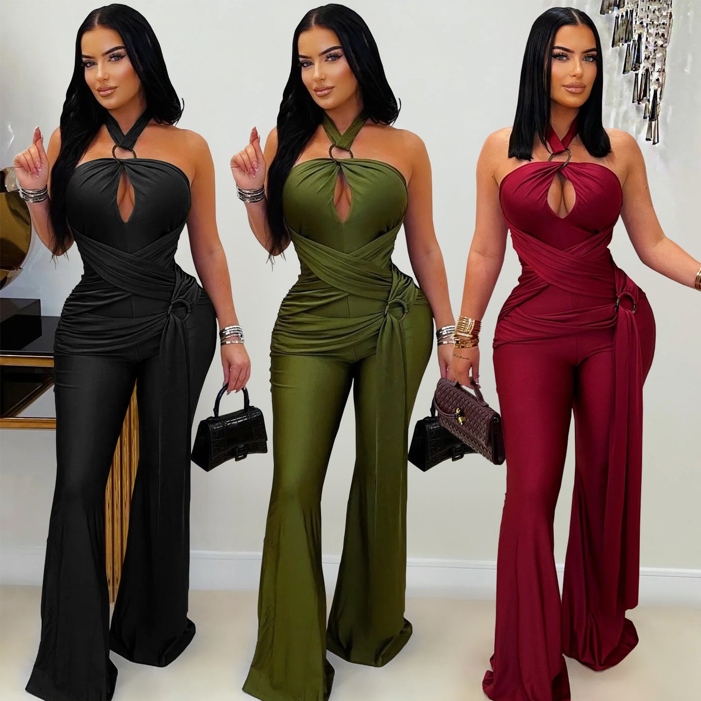 European and American Fashion Women's Solid Color Elegant Halter Neck Wide Leg Arm-Hugging Jumpsuit