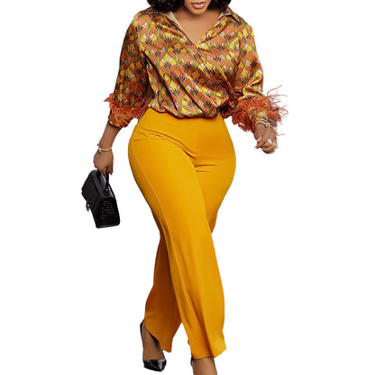 Printed Long Sleeve Shirt Elegant Wide Leg Pants Fashion Set