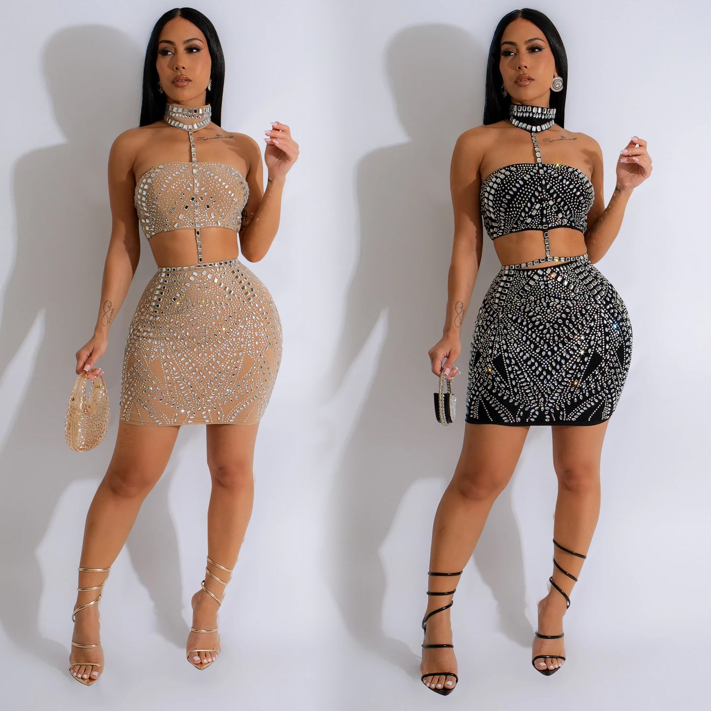 European and American Fashion Women's Sleeveless Strap Rhinestone Set Dress