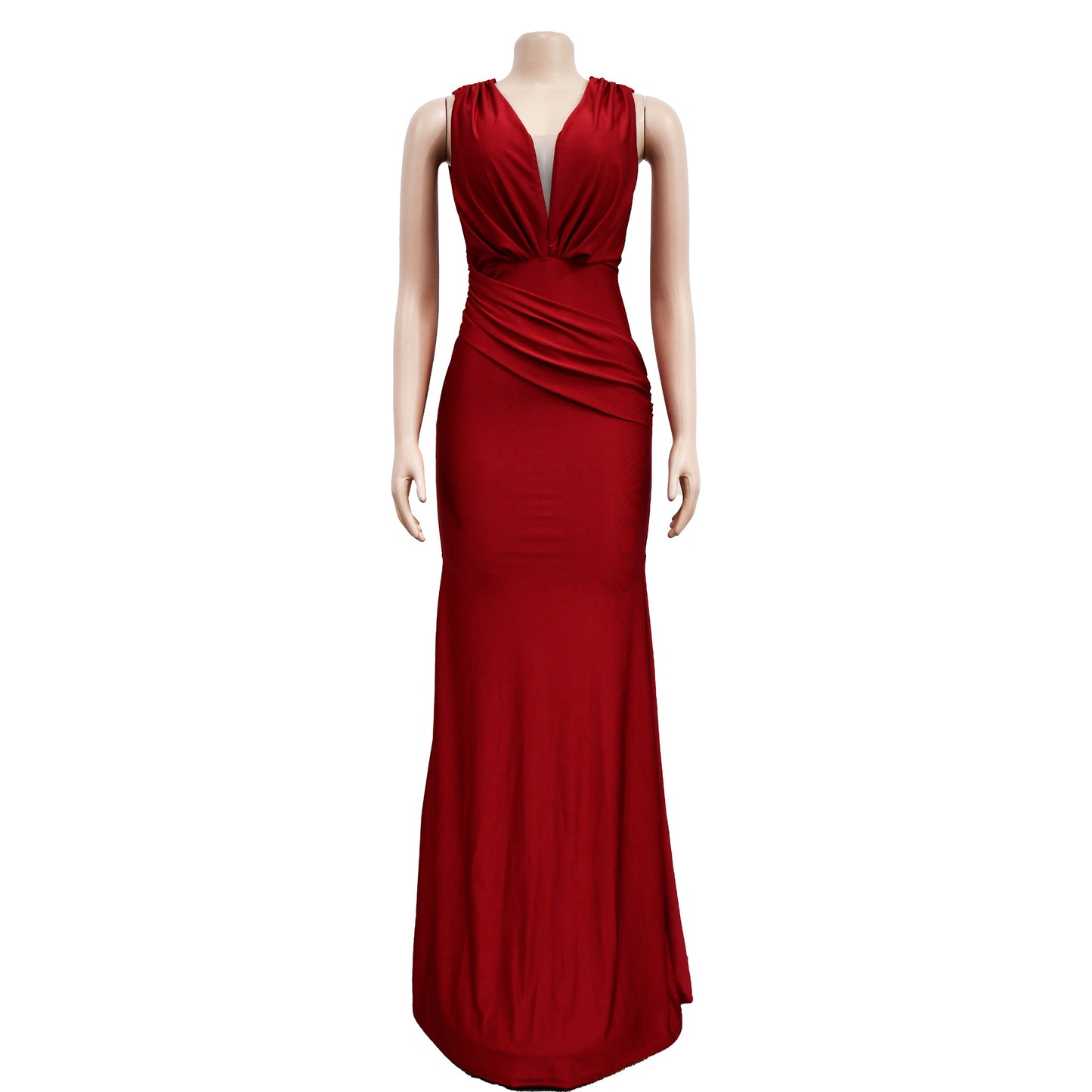 Fashion Women's Solid Color V-Neck Sleeveless Ruched Long Dress