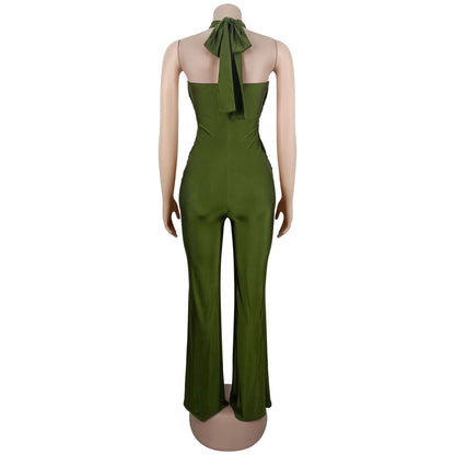 European and American Fashion Women's Solid Color Elegant Halter Neck Wide Leg Arm-Hugging Jumpsuit