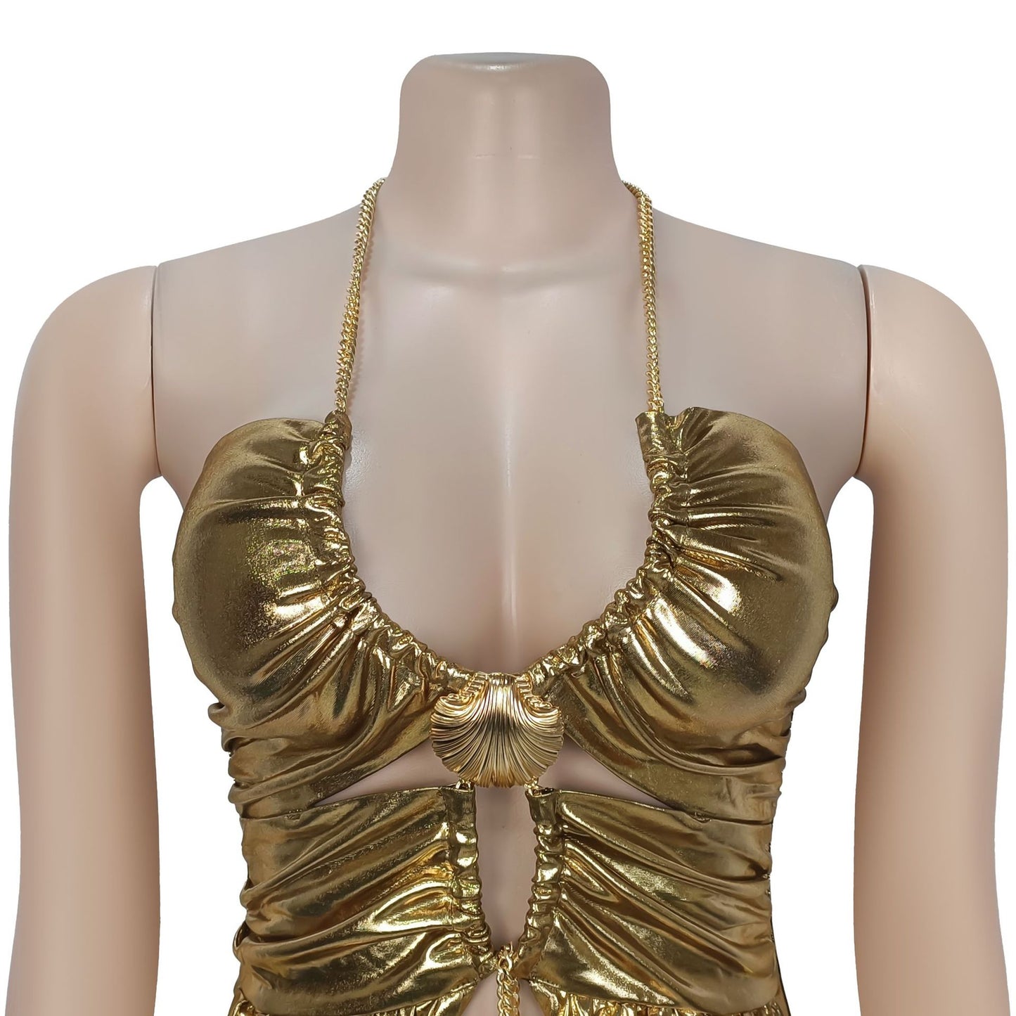 Women's Sexy Halter Neck Gold Chain Ruched Bodycon Dress