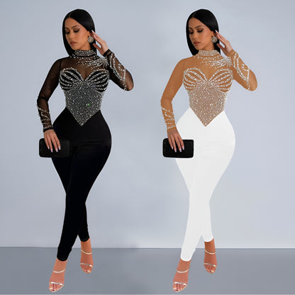 European and American Fashion Women's Solid Color Mesh Rhinestone Long Sleeve Long Pants Jumpsuit