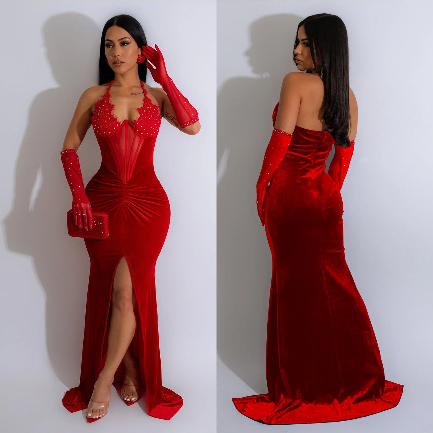 Fashion Women's Solid Color Halter Neck Slit Sexy Long Dress