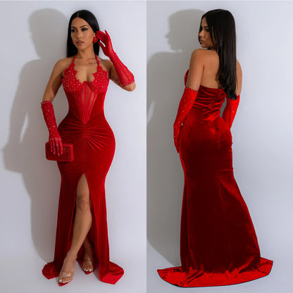 Fashion Women's Solid Color Halter Neck Slit Sexy Long Dress