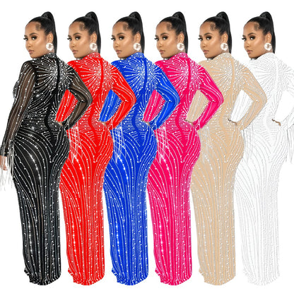 European and American Fashion Women's Clothing Mesh See-through Rhinestone Long Sleeve Long Dress Lined Two-piece Set