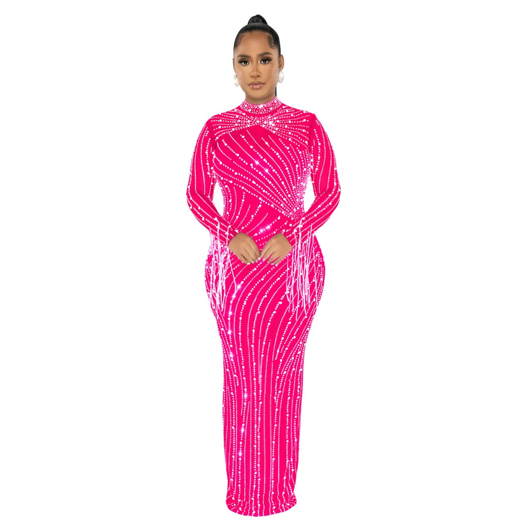 European and American Fashion Women's Clothing Mesh See-through Rhinestone Long Sleeve Long Dress Lined Two-piece Set