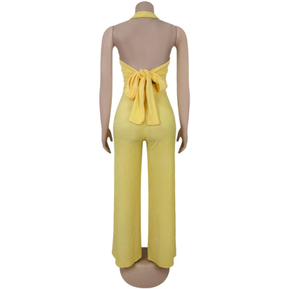 European and American Fashion Women's Casual Halter Neck Tie Top and Long Pants Two-Piece Set
