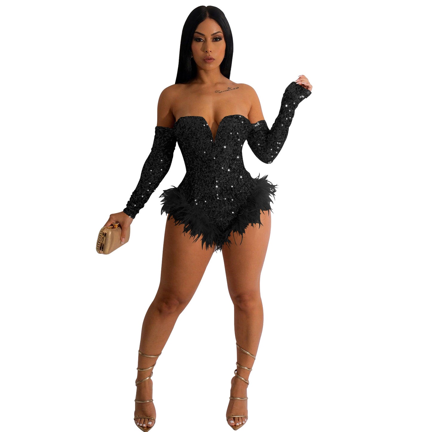 European and American Fashion Women's Solid Color Sequin Long Sleeve Short Jumpsuit