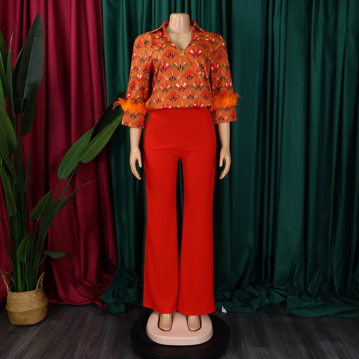 Printed Long Sleeve Shirt Elegant Wide Leg Pants Fashion Set