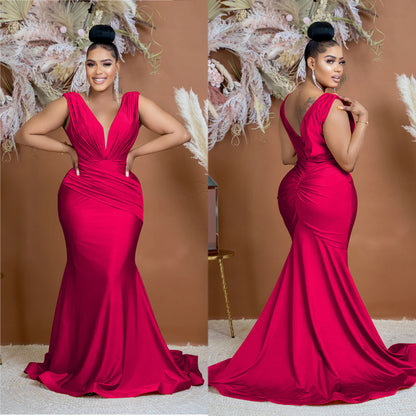 Fashion Women's Solid Color V-Neck Sleeveless Ruched Long Dress