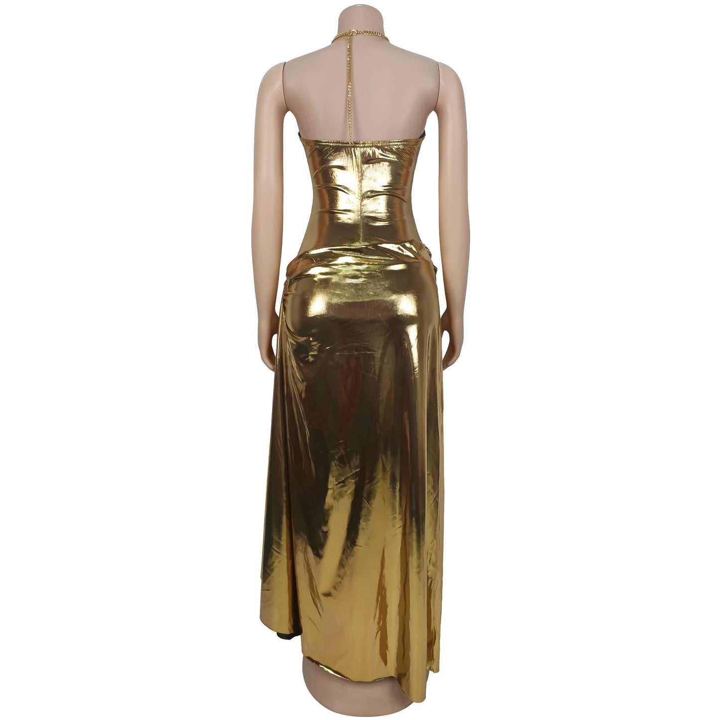 Women's Sexy Halter Neck Gold Chain Ruched Bodycon Dress