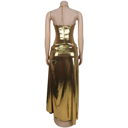 Women's Sexy Halter Neck Gold Chain Ruched Bodycon Dress