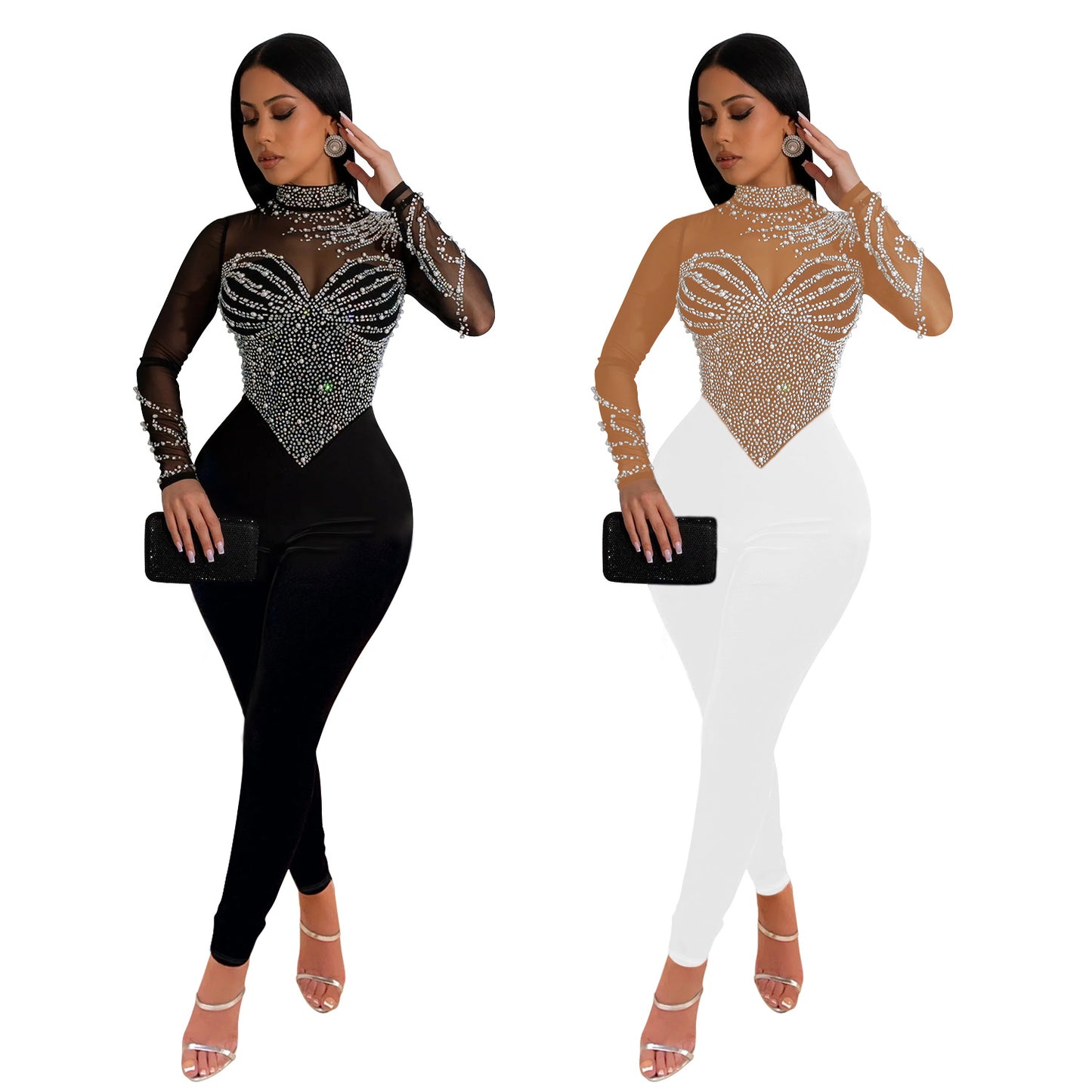 European and American Fashion Women's Solid Color Mesh Rhinestone Long Sleeve Long Pants Jumpsuit