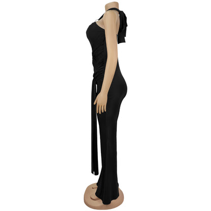 European and American Fashion Women's Solid Color Elegant Halter Neck Wide Leg Arm-Hugging Jumpsuit