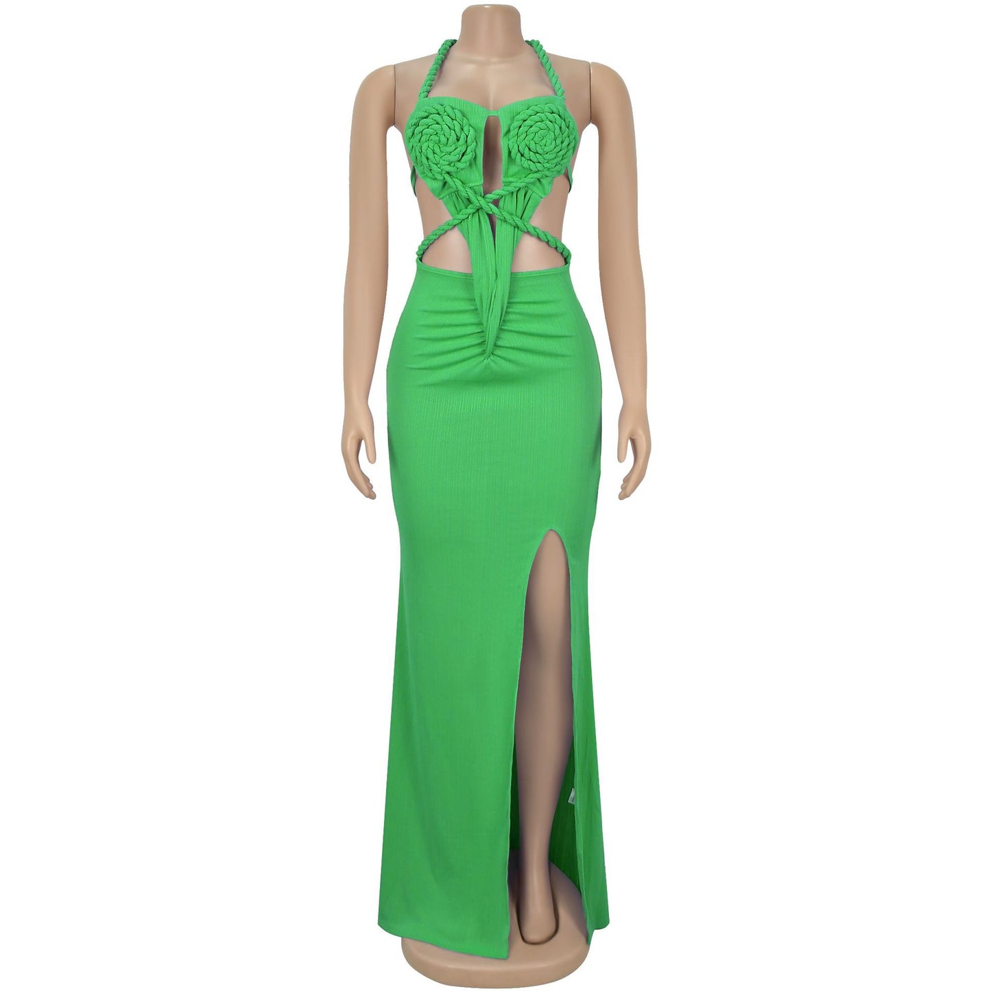 Fashion Women's Sexy Knitted Halter Backless Solid Color Dress