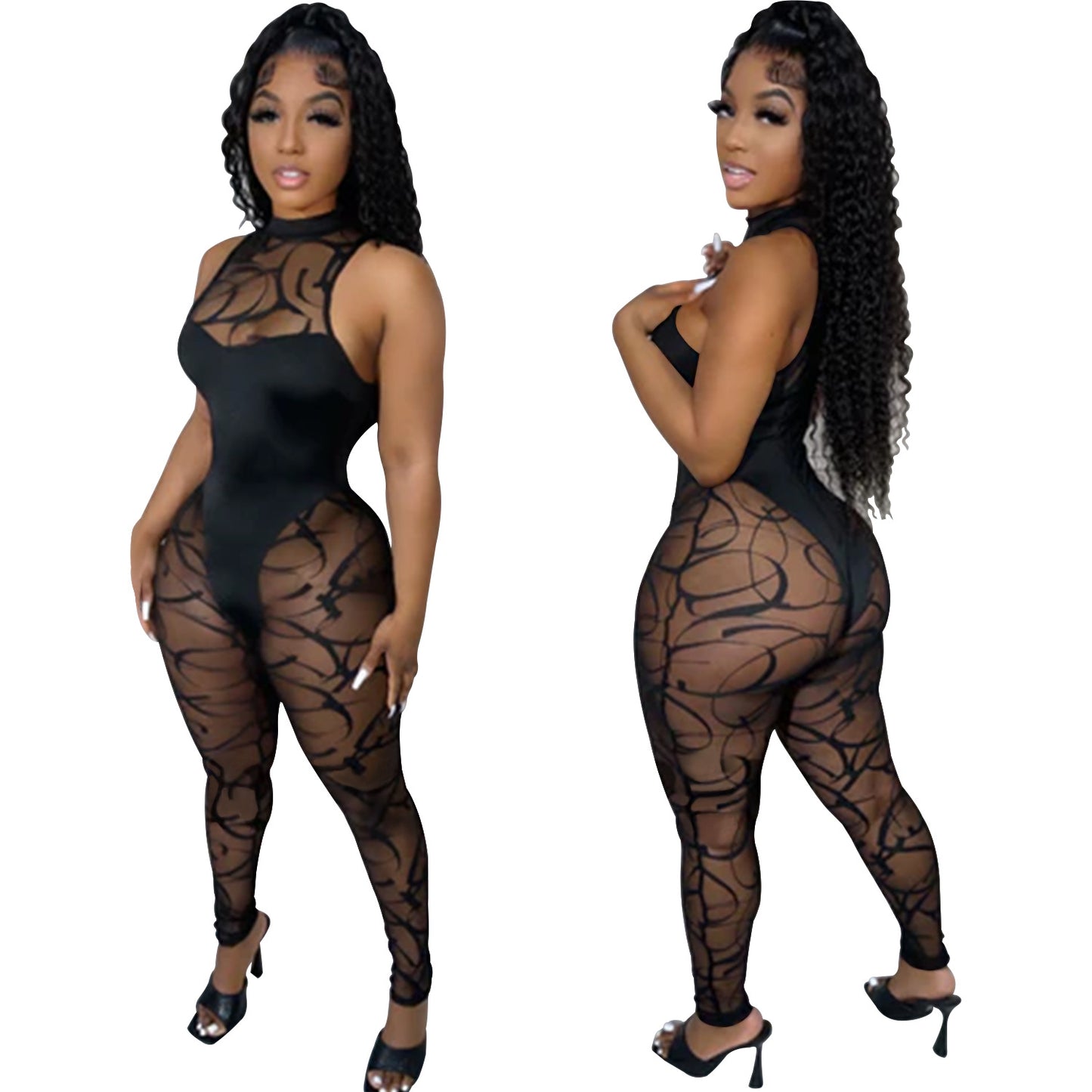 European and American Fashion Women's Solid Color Floral Mesh Sleeveless Long Pants Jumpsuit for Women