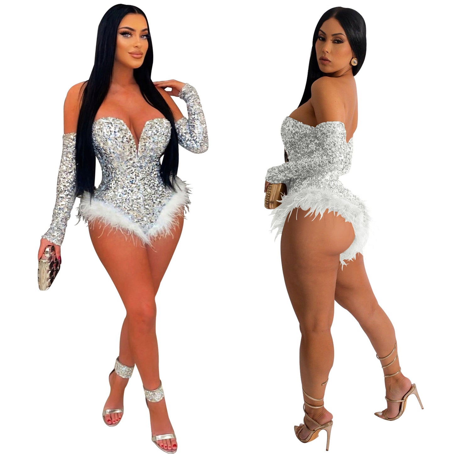 European and American Fashion Women's Solid Color Sequin Long Sleeve Short Jumpsuit