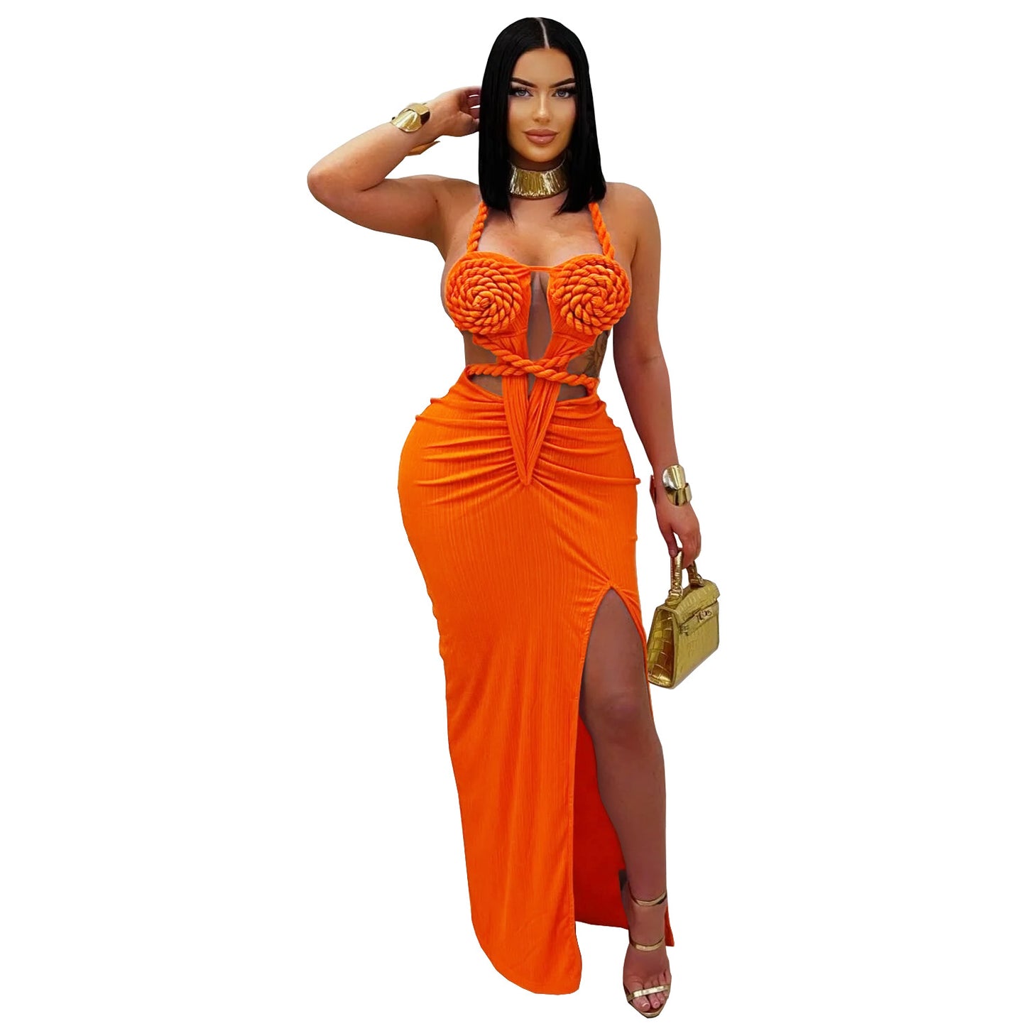 Fashion Women's Sexy Knitted Halter Backless Solid Color Dress
