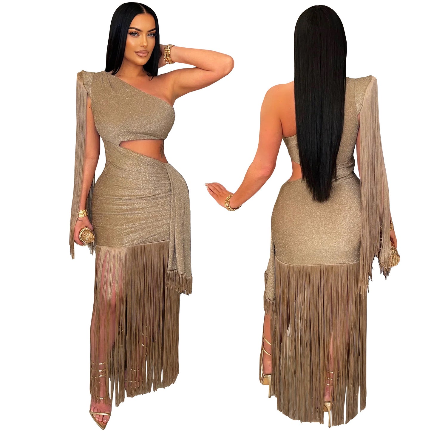 European and American Fashion Women's Sexy Casual One-Shoulder Tassel Long Dress