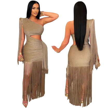European and American Fashion Women's Sexy Casual One-Shoulder Tassel Long Dress