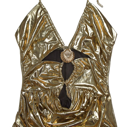 Women's Sexy Halter Neck Gold Chain Ruched Bodycon Dress