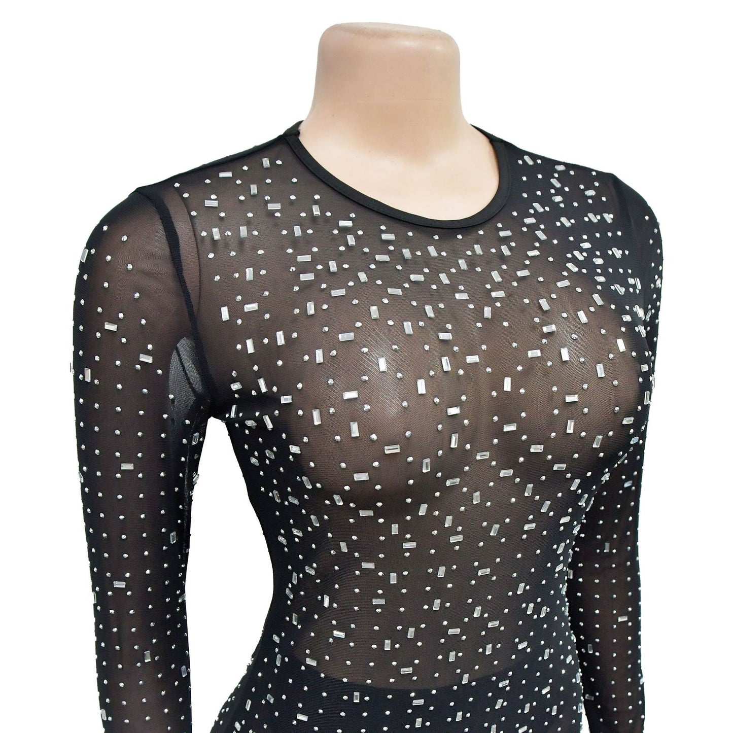 European and American Fashion Women's Solid Color Mesh Rhinestone Long Sleeve Long Dress