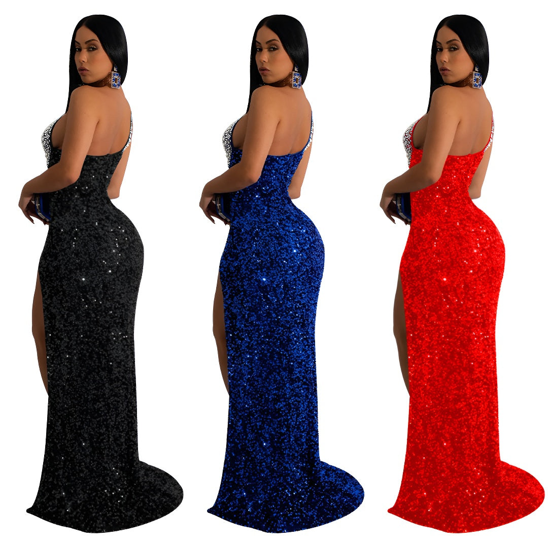 Fashion Women's Solid Color Rhinestone Sequin Sleeveless Long Dress