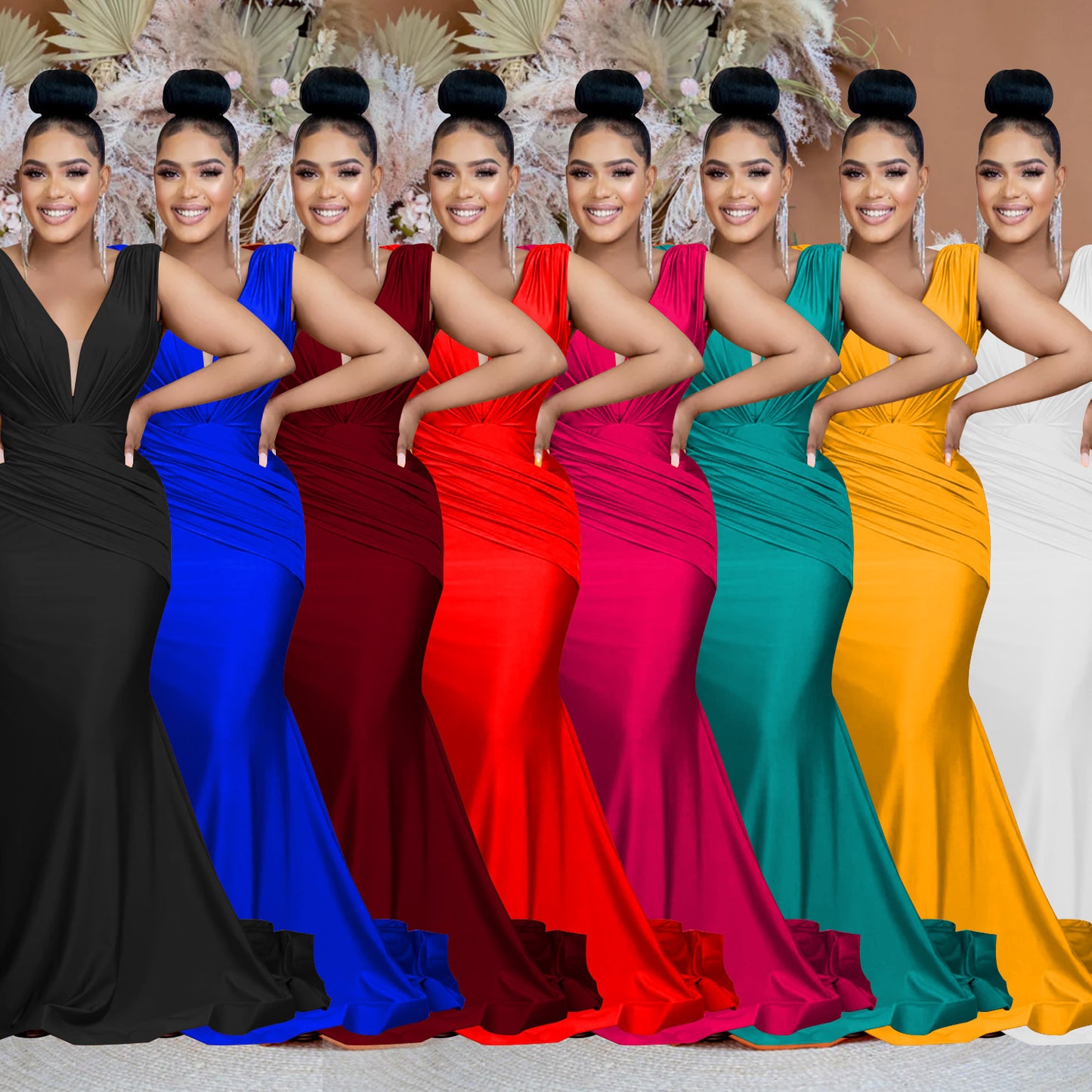 Fashion Women's Solid Color V-Neck Sleeveless Ruched Long Dress