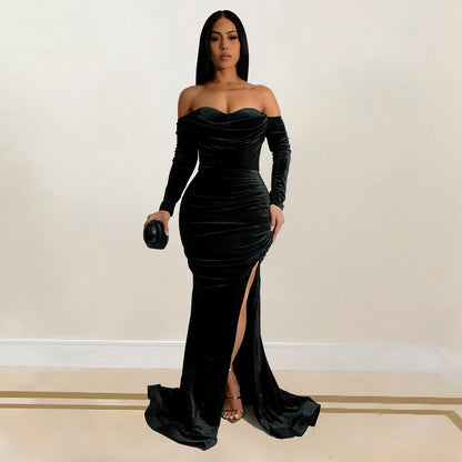 European and American Fashion Women's Solid Color Slit Evening Dress Low-Cut Dress New