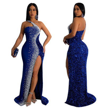 Fashion Women's Solid Color Rhinestone Sequin Sleeveless Long Dress