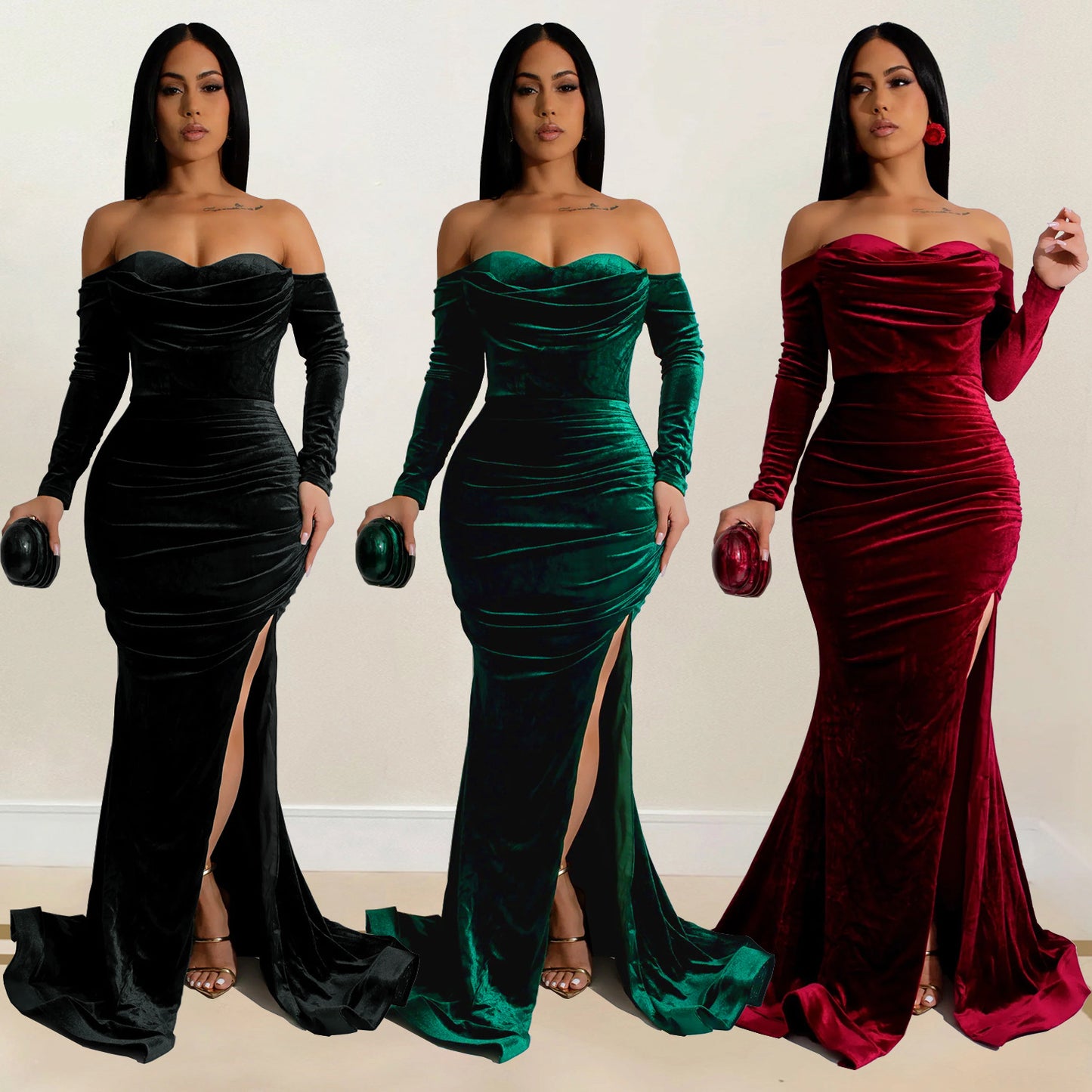 European and American Fashion Women's Solid Color Slit Evening Dress Low-Cut Dress New
