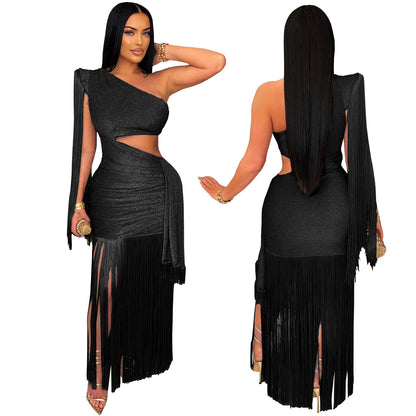 European and American Fashion Women's Sexy Casual One-Shoulder Tassel Long Dress