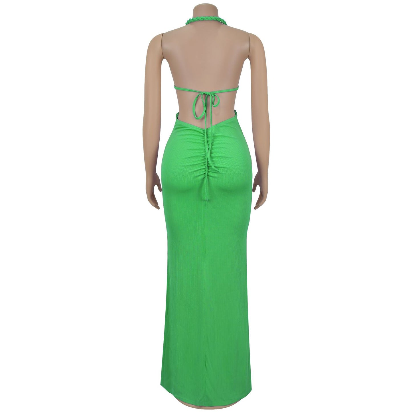 Fashion Women's Sexy Knitted Halter Backless Solid Color Dress