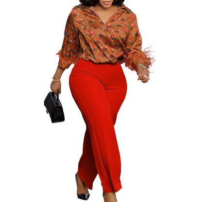 Printed Long Sleeve Shirt Elegant Wide Leg Pants Fashion Set