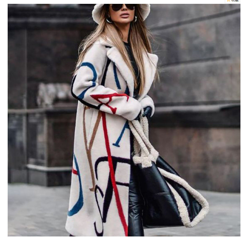 European and American Autumn Winter New Women's Loose Plus Size Printed Trench Coat with Turn-Down Collar Women's Coat