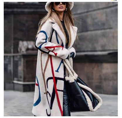 European and American Autumn Winter New Women's Loose Plus Size Printed Trench Coat with Turn-Down Collar Women's Coat