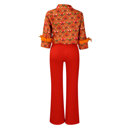 Printed Long Sleeve Shirt Elegant Wide Leg Pants Fashion Set