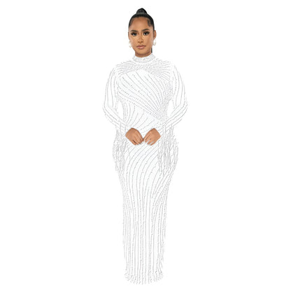 European and American Fashion Women's Clothing Mesh See-through Rhinestone Long Sleeve Long Dress Lined Two-piece Set