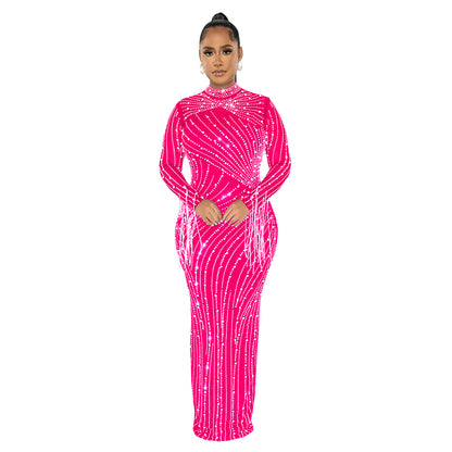 European and American Fashion Women's Clothing Mesh See-through Rhinestone Long Sleeve Long Dress Lined Two-piece Set