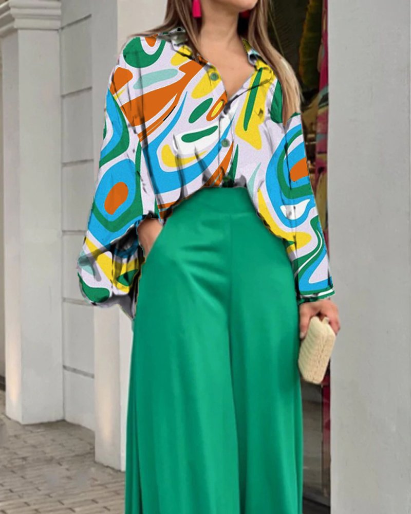 Summer Loose Plus Size Fashion Casual Printed Wide-Leg Pants Two-Piece Set