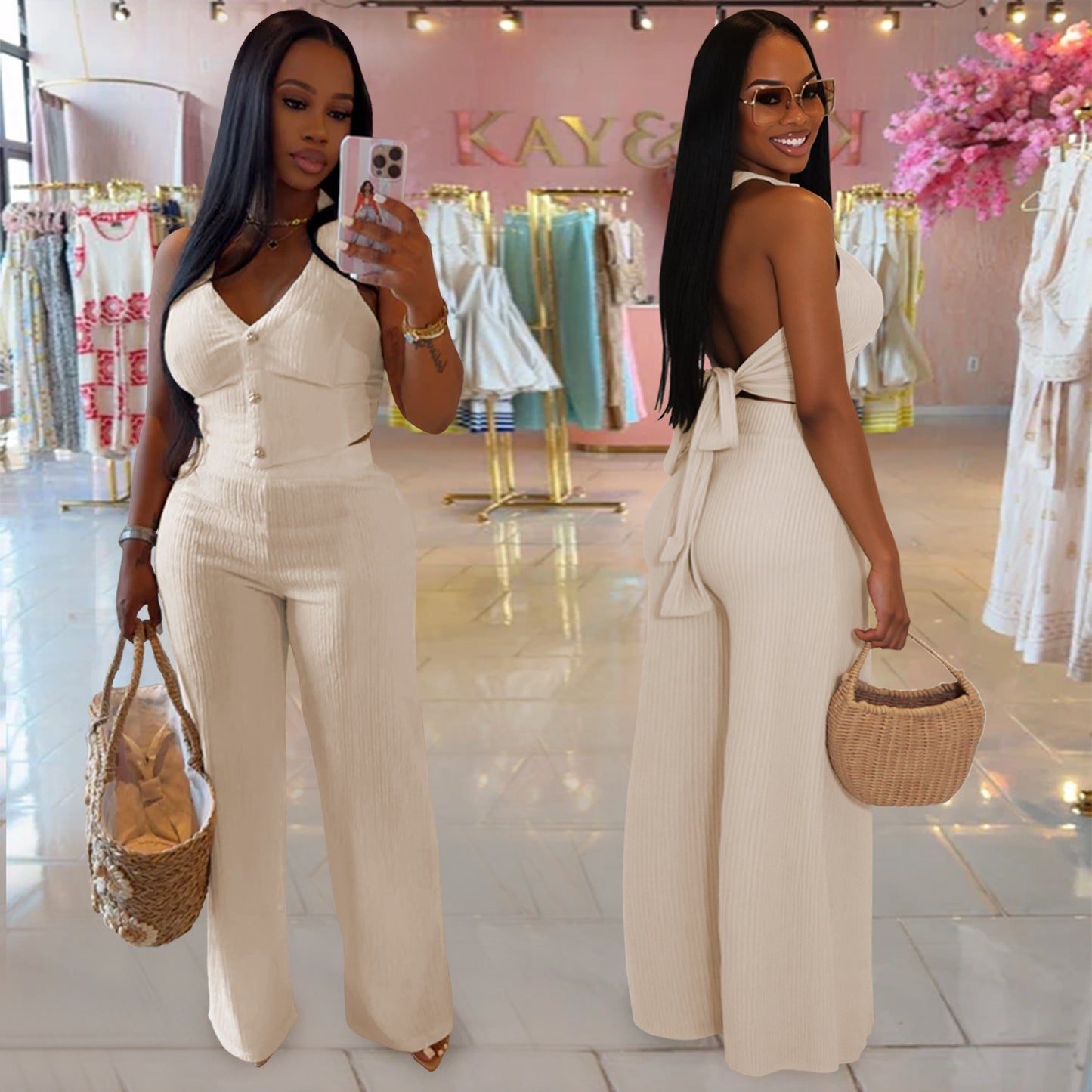 European and American Fashion Women's Casual Halter Neck Tie Top and Long Pants Two-Piece Set