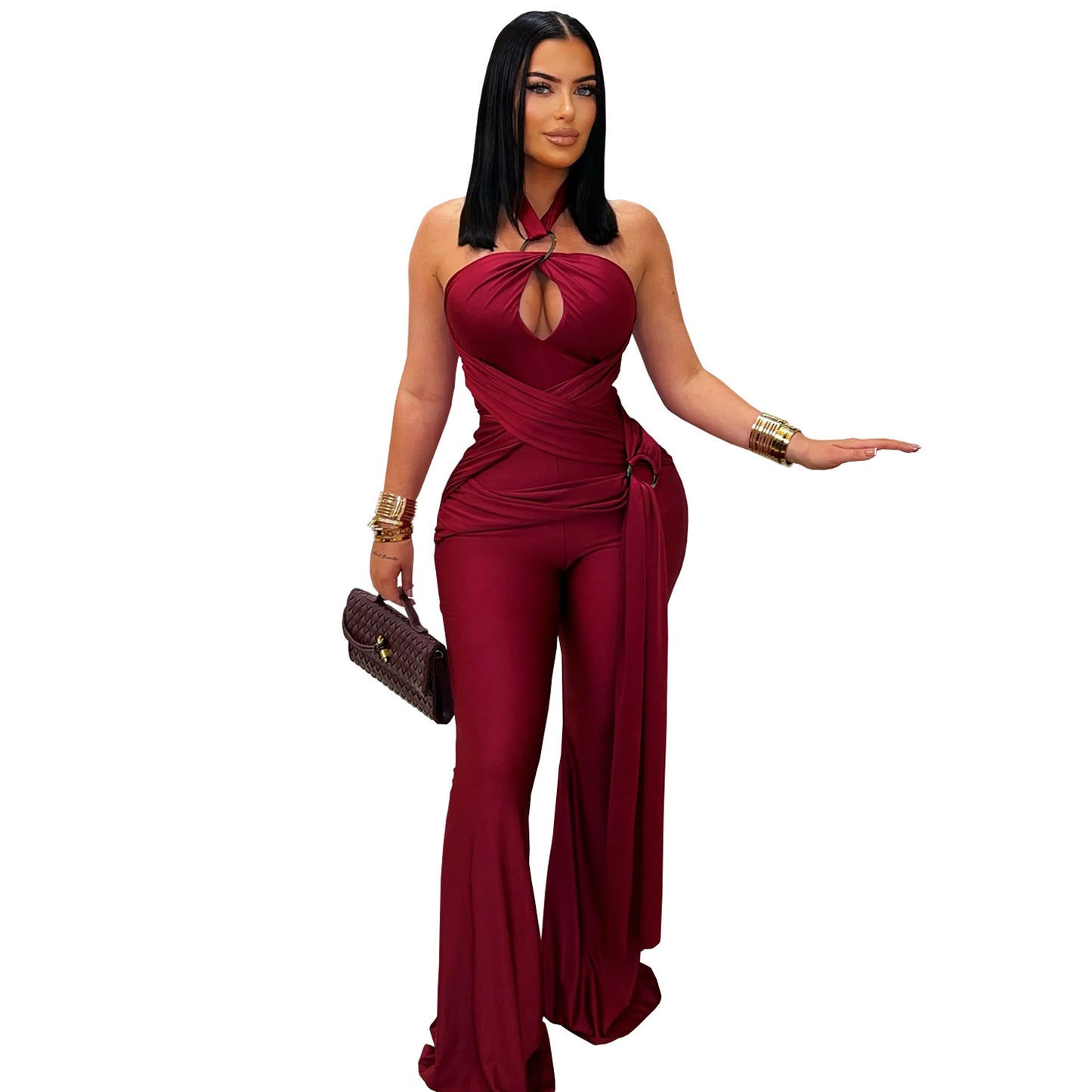 European and American Fashion Women's Solid Color Elegant Halter Neck Wide Leg Arm-Hugging Jumpsuit