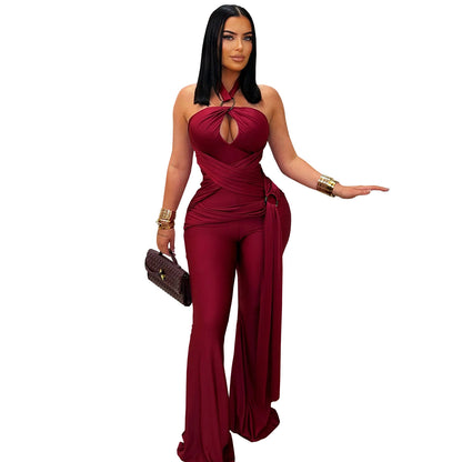 European and American Fashion Women's Solid Color Elegant Halter Neck Wide Leg Arm-Hugging Jumpsuit