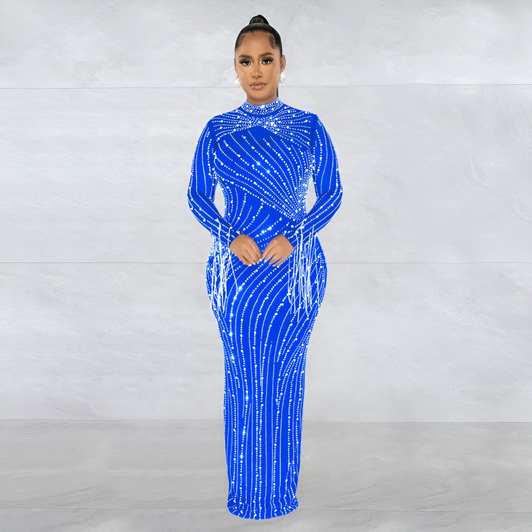 European and American Fashion Women's Clothing Mesh See-through Rhinestone Long Sleeve Long Dress Lined Two-piece Set