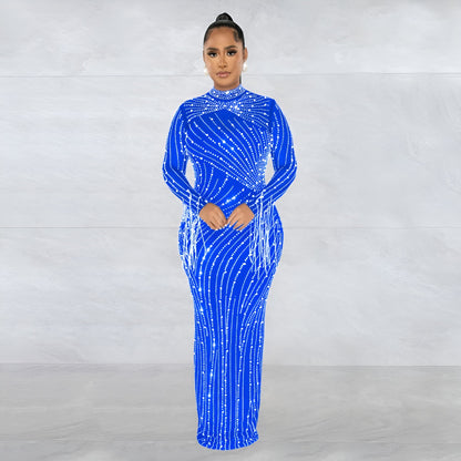 European and American Fashion Women's Clothing Mesh See-through Rhinestone Long Sleeve Long Dress Lined Two-piece Set