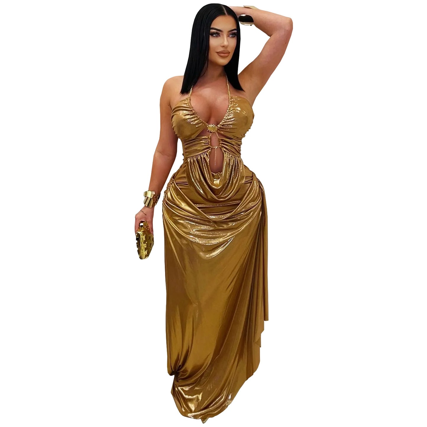 Women's Sexy Halter Neck Gold Chain Ruched Bodycon Dress