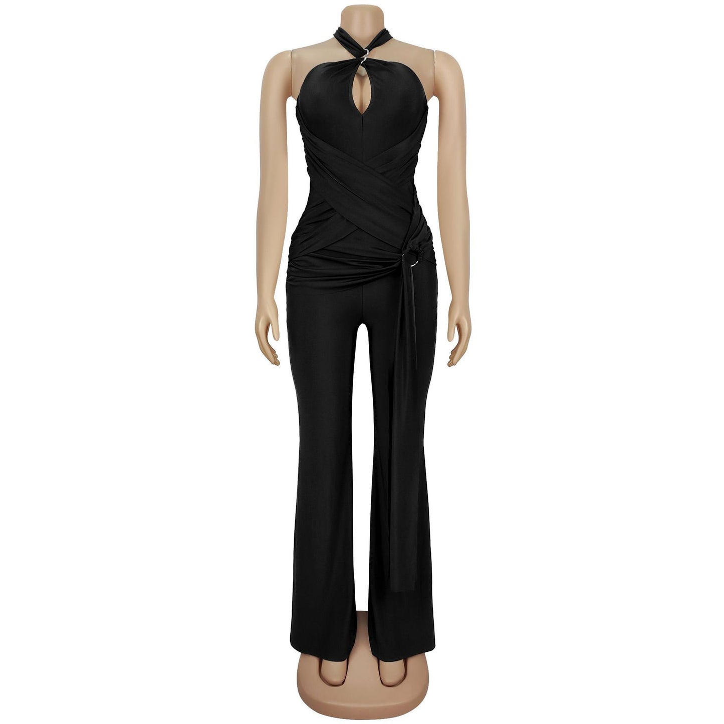 European and American Fashion Women's Solid Color Elegant Halter Neck Wide Leg Arm-Hugging Jumpsuit