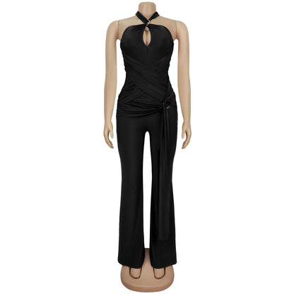 European and American Fashion Women's Solid Color Elegant Halter Neck Wide Leg Arm-Hugging Jumpsuit